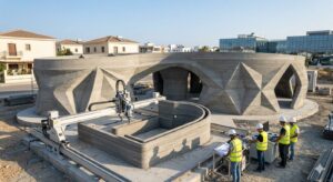 A high-angle, photorealistic photograph of an active 3D concrete printing (3DCP)