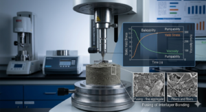 A scientific laboratory photograph taken in a controlled environment. A sample of 3DCP cementitious mixture undergoes a precise rheometer test. A specialized lab setup measures and visualizes real-time data on static yield stress and viscosity. A digital screen overlay shows the graphs illustrating "Buildability" and "Pumpability." A microscopic inset shows the perfect interlayer bonding of fine aggregate and fibers.