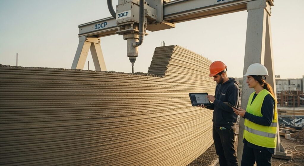 3D concrete printing on Israeli construction site — young workers with 3DCP printer — Laycon
